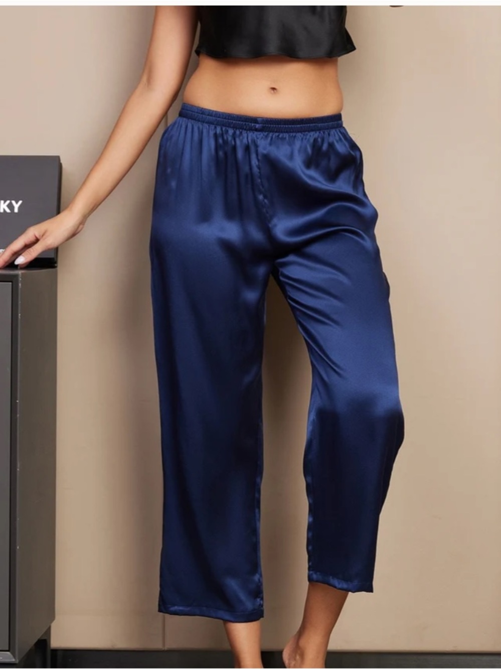Silksilky 100% silk lounge pajama bottoms blue drawstring luxury size L